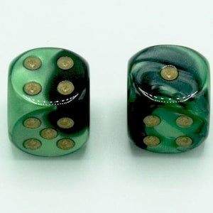 16mm d6 Gemini Black-Green dice with Gold pips - pair of 2