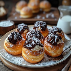 Pode incluir: Um prato de doces dourados, cobertos com chantilly, ganache de chocolate e açúcar de confeiteiro. Os doces estão dispostos em um prato branco, com mais doces e ingredientes ao fundo.