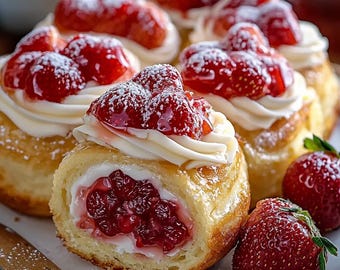 May include: Close-up of several strawberry pastries on a plate. Each pastry has a swirl of white cream, topped with glazed strawberries dusted with powdered sugar. The pastries are golden brown with a strawberry filling.
