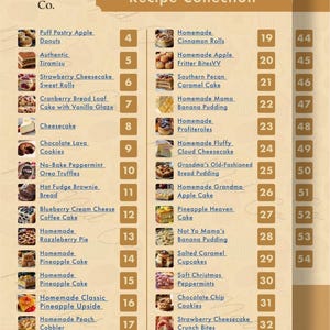 May include: A beige menu titled The Ultimate Dessert Recipe Collection by MoMed Co. featuring a numbered list of thirty-three dessert items with small thumbnail images, including puff pastry apple donuts, tiramisu, and various cakes and cookies.