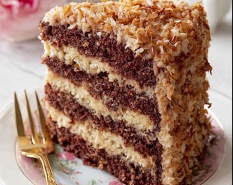 May include: A slice of layered cake with alternating chocolate and vanilla cake layers, topped with toasted coconut flakes. The cake sits on a floral patterned plate with a gold fork.