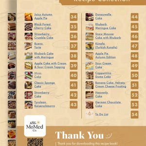 May include: A digital recipe book page titled The Ultimate Dessert Recipe Collection, featuring a numbered list from 34 to 54. Each entry includes a small thumbnail image of a dessert and its name, such as Donauwelle Cake, Rhubarb Meringue Cake, and German Chocolate Cake. The bottom section includes a MoMed Co. logo, a QR code, and a thank you message.