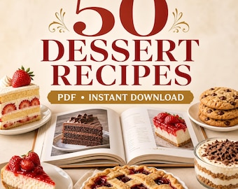May include: A digital collection titled 50 DESSERT RECIPES PDF INSTANT DOWNLOAD featuring images of a strawberry layer cake, chocolate cake, cheesecake, cherry pie, chocolate chip cookies, and a layered dessert in a glass dish.