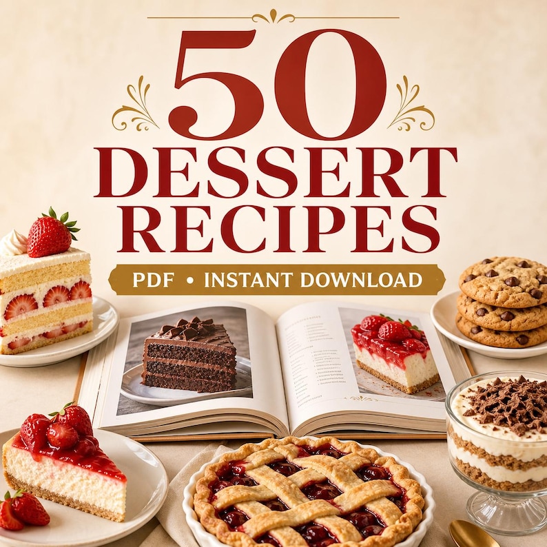 May include: A digital collection titled 50 DESSERT RECIPES PDF INSTANT DOWNLOAD featuring images of a strawberry layer cake, chocolate cake, cheesecake, cherry pie, chocolate chip cookies, and a layered dessert in a glass dish.