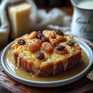 Puede incluir: Una porción de budín de pan en un plato blanco, cubierta con pasas doradas y salsa de caramelo. El postre se sirve en un charco de salsa, con una tabla de madera y una jarra de crema en el fondo.