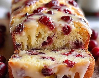 May include: A sliced loaf of cranberry bread with a creamy white glaze drizzled over the top. The bread is golden brown with visible cranberries throughout. The glaze is thick and drips down the sides of the bread.