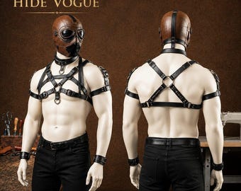 Genuine Leather Full-Face Hood Harness Set, Gothic Cosplay Mask, Sensory Headgear