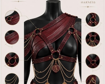 Rode leren body met gothic korset, gouden klinknagels, hoge gespsluitingen