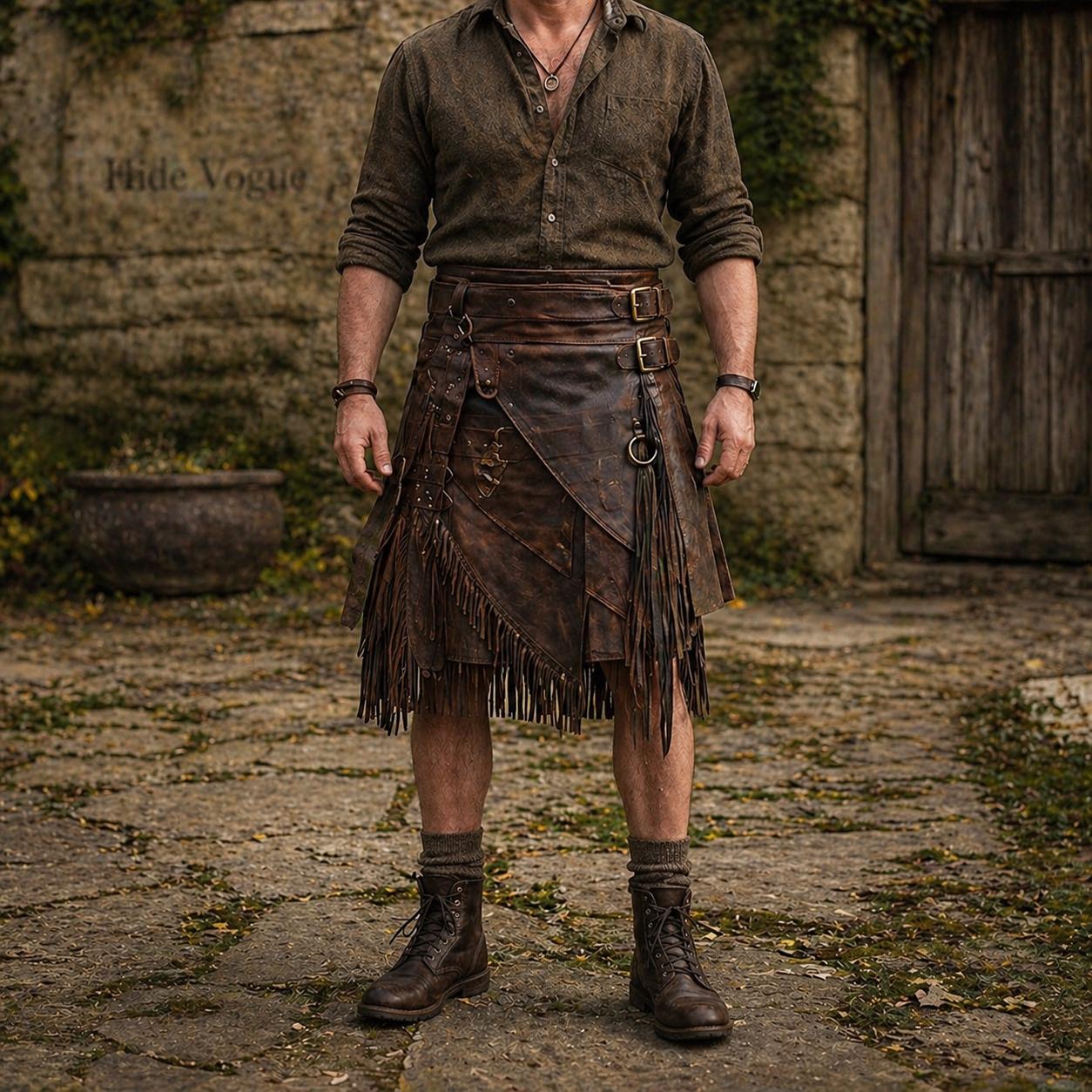 Men's Brown Genuine Leather Fringe Kilt Handmade Celtic Medieval Skirt