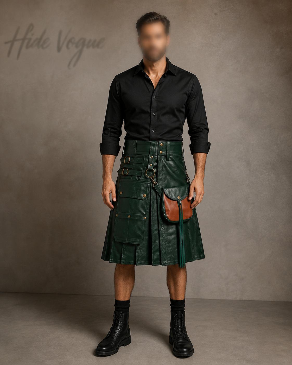 Cambkatl Men's PU Faux Leather Utility Kilt – Stylish High-Waisted