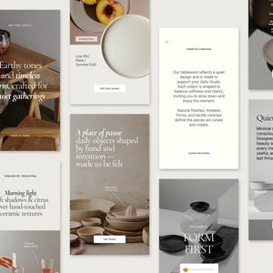 May include: A collection of minimalist stoneware and ceramic tableware. The image showcases plates, bowls, and serving dishes in neutral tones. The text highlights the collection's focus on quiet gatherings and a place of pause.