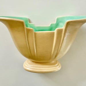 Vintage 1930s Rumrill Pottery Art Deco Vase, Pedestal Planter #501 in creamy tan with turquoise interior