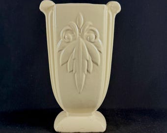 Vintage 1940s McCoy Art Pottery with Embossed Fleur-De-Lis pattern Art Deco/Greek Footed vase -- Marked USA #3294