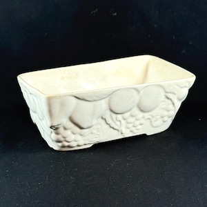 May include: A rectangular, off-white ceramic planter with embossed fruit and foliage designs. The planter features a raised relief of grapes and other fruits, adding a decorative touch. The planter is suitable for small plants or succulents.