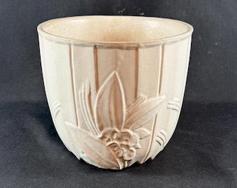 Vintage RARE 1940s McCoy Pottery in Off White / Cream Jardiniere Planting Pot with Lotus Flower Waterlily Design