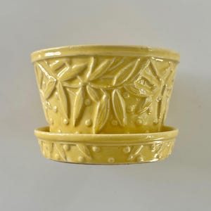 May include: A yellow ceramic flower pot with a matching saucer. The pot features a raised floral design with leaf and dot patterns. The pot is approximately 5 inches in diameter and 4 inches tall.
