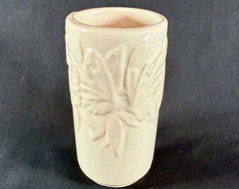 Vintage 1940s Nelson McCoy Vase in butter yellow with butterfly pattern 8.25" tall