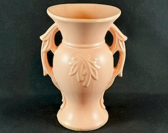 Vintage 1940s McCoy Pottery soft matte pink double-handled leaf vase - WITH CHIP