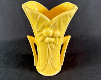 Vintage 1940s unmarked McCoy Art Deco Yellow Vase with Cherries and Berry Leaf Motif Art Pottery Bud Vase Trumpet Shape 2 handles