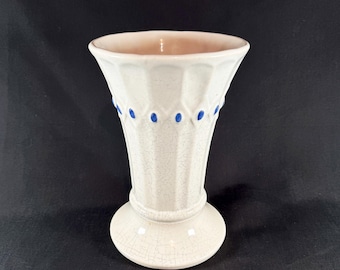 Vintage 1940s McCoy Pottery Early American line in white crackle glaze with diamonds and blue ovals vase
