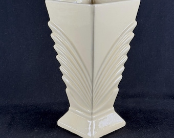 Vintage 1940s McCoy USA Pottery in Pale Butter Yellow Art Deco Square Footed Art Deco vase