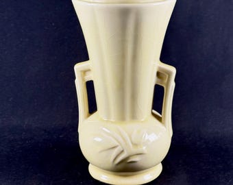 Vintage 1957 creamy light butter yellow McCoy Double Handled Vase with Flower detail, with deco McCoy logo
