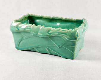 Vintage 1940s McCoy Pottery turquoise rectangular Ivy Strap planter with beautiful McCoy deco logo