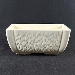 May include: A rectangular, off-white ceramic planter with a textured, repeating pattern on the front. The planter has a smooth interior and a slightly curved shape. The background is a solid black.