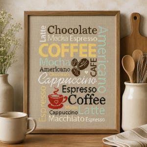 Korsstygnsmönster för kaffe, provstycke för espresso, latte och cappuccino, PDF-diagram för enkla köksföremål för kaffeälskare