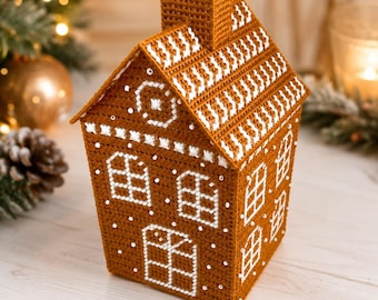 Gingerbread House Plastic Canvas Pattern Christmas Tissue Box Cover 3D Cross Stitch PDF