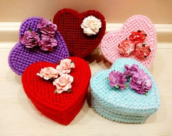 Heart Box Plastic Canvas Pattern Easy 3D Cross Stitch PDF Craft Project Flowers Embroidery Easy Sewing Box DIY Jewelry Box