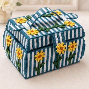 3D-Box aus Kunststoff-Canvas mit Blumenmuster, 3D-Kreuzstich-Aufbewahrungsbox (PDF-Anleitung), Gänseblümchen-Stickerei-Organizer-Design