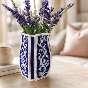 3D plastic canvas vaaspatroon pdf, blauw witte bloemenvaas, doe-het-zelf decoratieve bloemenhouder oosters vinylweefsel