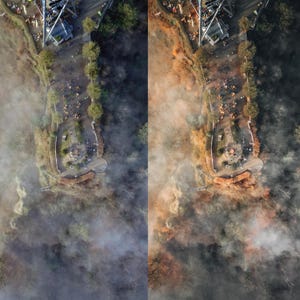 May include: An aerial shot of a park featuring a circular structure, trees, and a winding road. The scene is partially veiled by fog, with a palette of green, brown, and orange. Structures and people are visible at the top of the image.