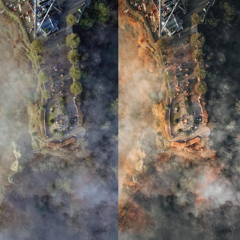 May include: An aerial shot of a park featuring a circular structure, trees, and a winding road. The scene is partially veiled by fog, with a palette of green, brown, and orange. Structures and people are visible at the top of the image.