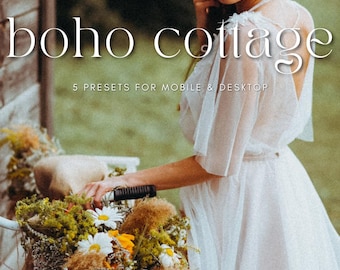 Puede incluir: Una bicicleta blanca con una cesta llena de flores y vegetación. El texto "boho cottage" se muestra en una fuente elegante. También es visible el texto "5 presets for mobile & desktop".