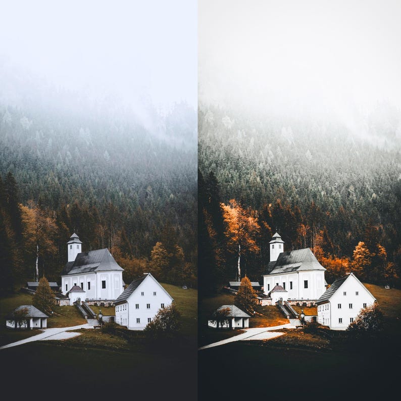 May include: A picturesque scene of a white church and buildings in a valley, set against a backdrop of a misty mountain range. The surrounding trees display autumnal colours, creating a warm contrast.