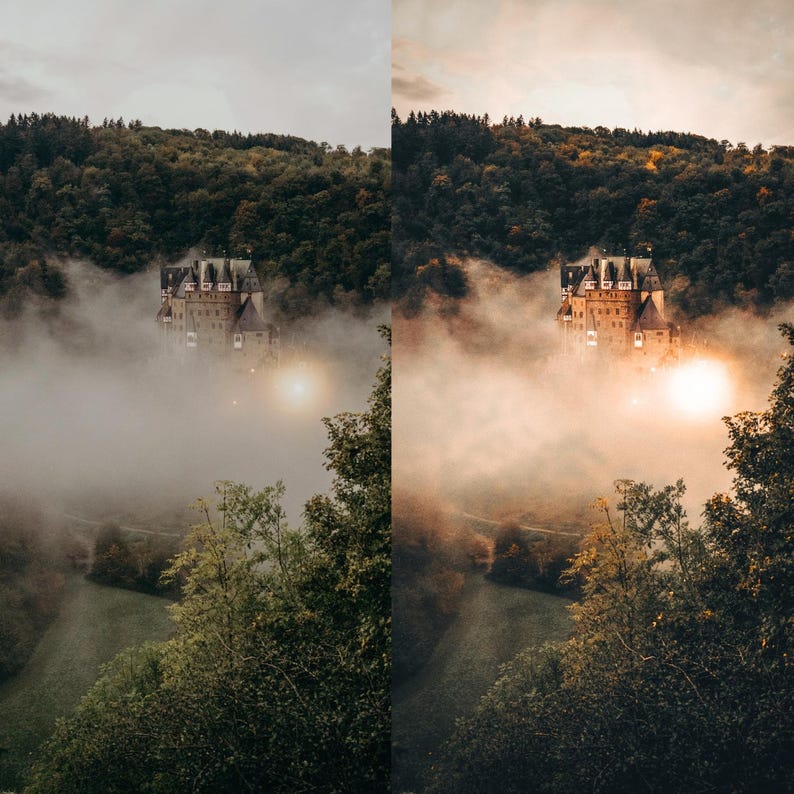 May include: A picturesque view of a castle in a valley, enveloped by fog and verdant trees. The castle has a brown facade and a dark roof. The sky is cloudy, creating a mysterious atmosphere. The scene is reminiscent of a fairytale setting.