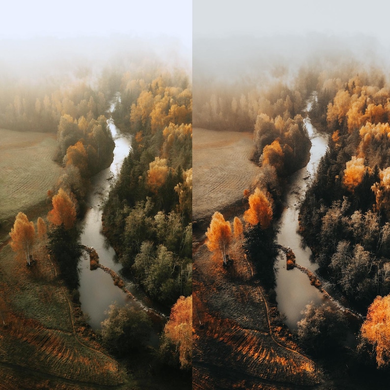 May include: An aerial view of a river flowing through a forest in autumn. The trees are a mix of orange, yellow, and green, with a layer of mist in the background. The landscape shows a blend of forest and open fields.