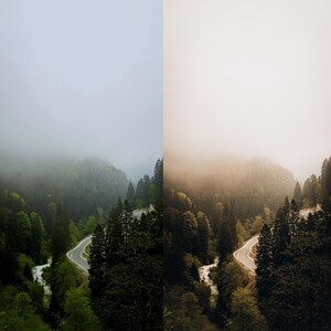 May include: A photograph of a winding road through a forest, with a river running alongside. The trees are a vibrant green, and the scene is partially obscured by fog. The road curves through the valley, creating a sense of depth and perspective.