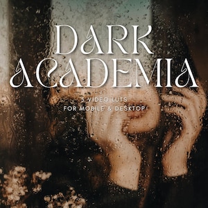 Może przedstawiać: Obraz z tekstem "DARK ACADEMIA" w ozdobnej białej czcionce. Poniżej znajduje się tekst "5 VIDEO LUTS FOR MOBILE & DESKTOP". Tło to rozmyty obraz osoby za mokrym oknem.
