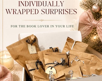 May include: A white cardboard box filled with brown paper bags, each tied with ribbon and featuring a numbered tag. The text reads: 12 OR 24 INDIVIDUALLY WRAPPED SURPRISES FOR THE BOOK LOVER IN YOUR LIFE. The bags are arranged inside the open box.