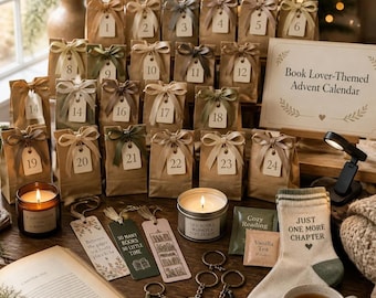 May include: A book lover-themed advent calendar featuring twenty-four brown paper bags with numbered tags and ribbons. Includes a sign, two candles, three bookmarks, three keychains, a tea bag, and a pair of socks with the text Just One More Chapter.