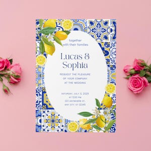 Lemon Wedding Invitation Template, Italian Amalfi Coast Blue Tile Invite, Summer Wedding Editable Canva Download, Mediterranean Theme