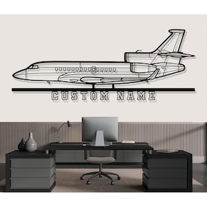 Arte de pared de metal con silueta de avión Dassault Falcon 7X, decoración de pared de metal personalizada, arte de pared con silueta de avión personalizada, letrero con nombre personalizado, regalo de piloto