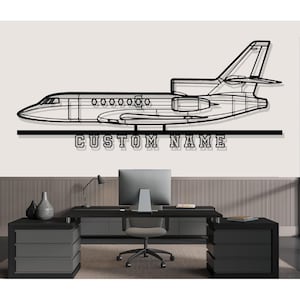Arte de pared de metal con silueta de avión Dassault Falcon 50, decoración de pared de metal personalizada, arte de pared con silueta de avión personalizada, letrero con nombre personalizado, regalo de piloto
