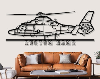 Eurocopter MH 65 Silhouette d'hélicoptère dauphin d'art mural en métal, décoration murale en métal personnalisée, art mural personnalisé silhouette hélicoptère, nom personnalisé