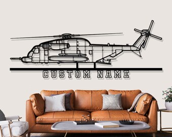 Art mural en métal silhouette hélicoptère Sikorsky MH 53 m, décoration murale en métal personnalisée, art mural silhouette hélicoptère personnalisée, nom personnalisé, pilote