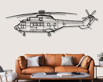 Décoration murale en métal représentant la silhouette d'un hélicoptère Eurocopter AS332 Puma, cadeau idéal pour les pilotes.