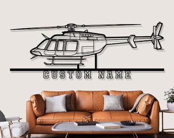 Metalowa dekoracja ścienna z sylwetką śmigłowca Bell 407GX, metalowa dekoracja ścienna na zamówienie, spersonalizowana grafika ścienna z sylwetką śmigłowca, spersonalizowany znak imienny, prezenty dla pilotów
